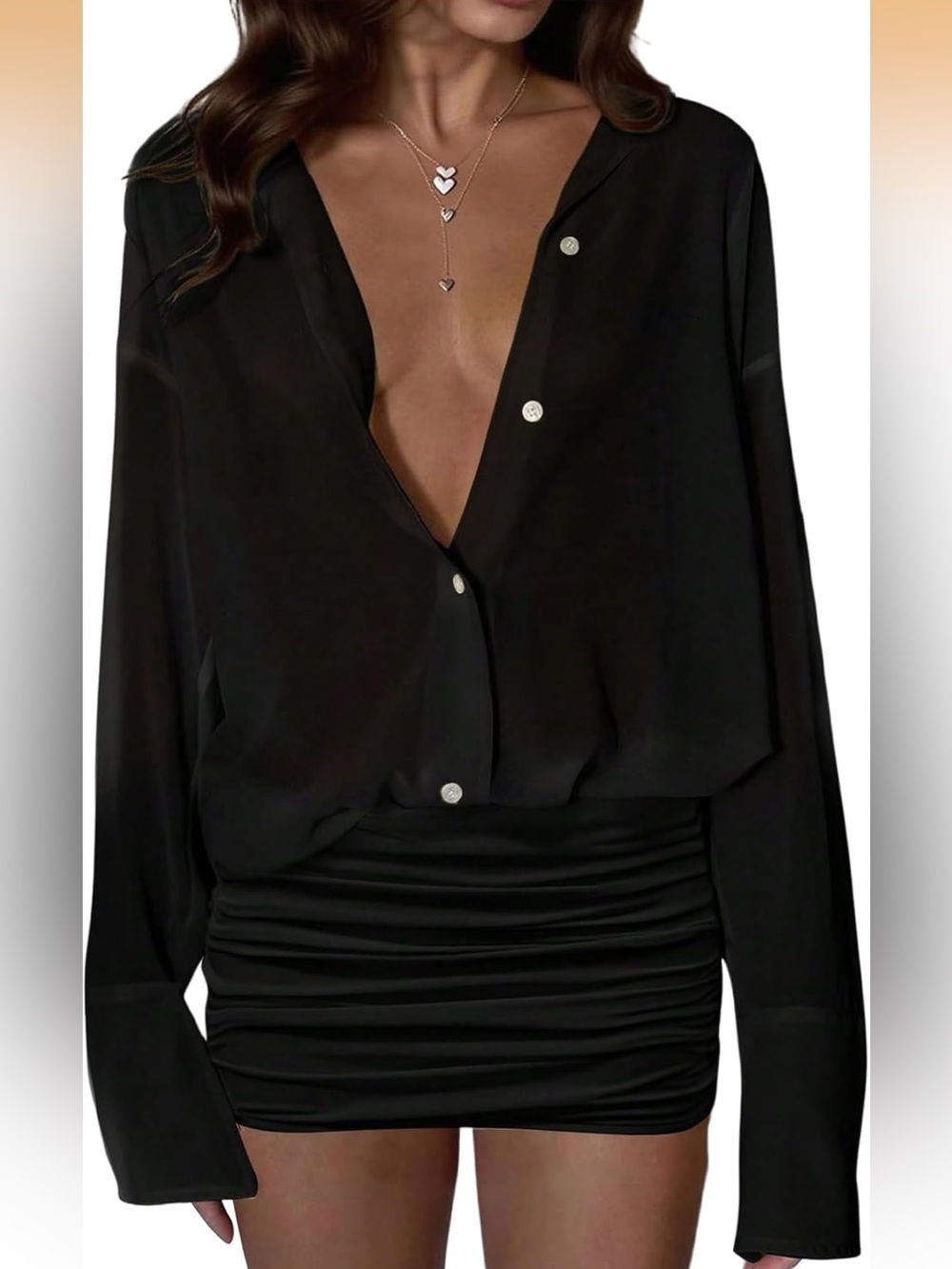 Black Ruched Button Front Mini Dress Size L